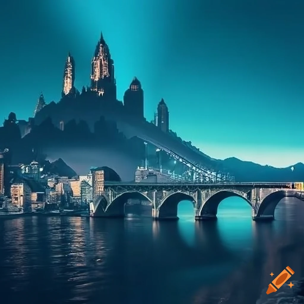 cityscape with a bridge and mountain backdrop