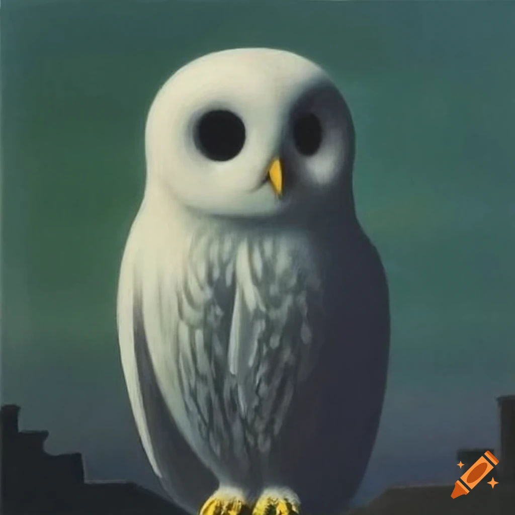Surrealist white owl painting by rene magritte on Craiyon