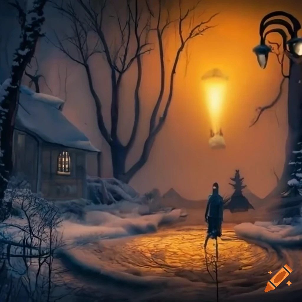 Surrealistic winter landscape with sparkles and strange creatures on ...