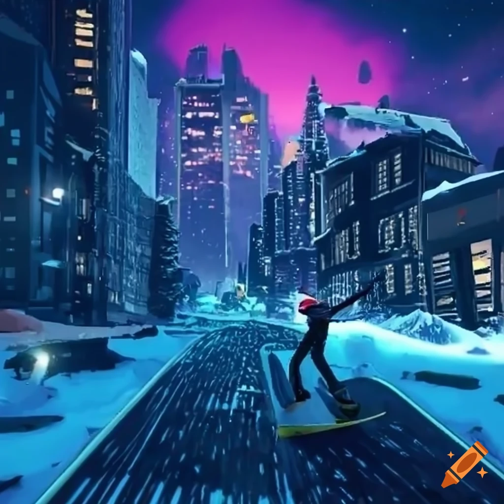 video game screenshot of a snowboarder in a futuristic cityscape