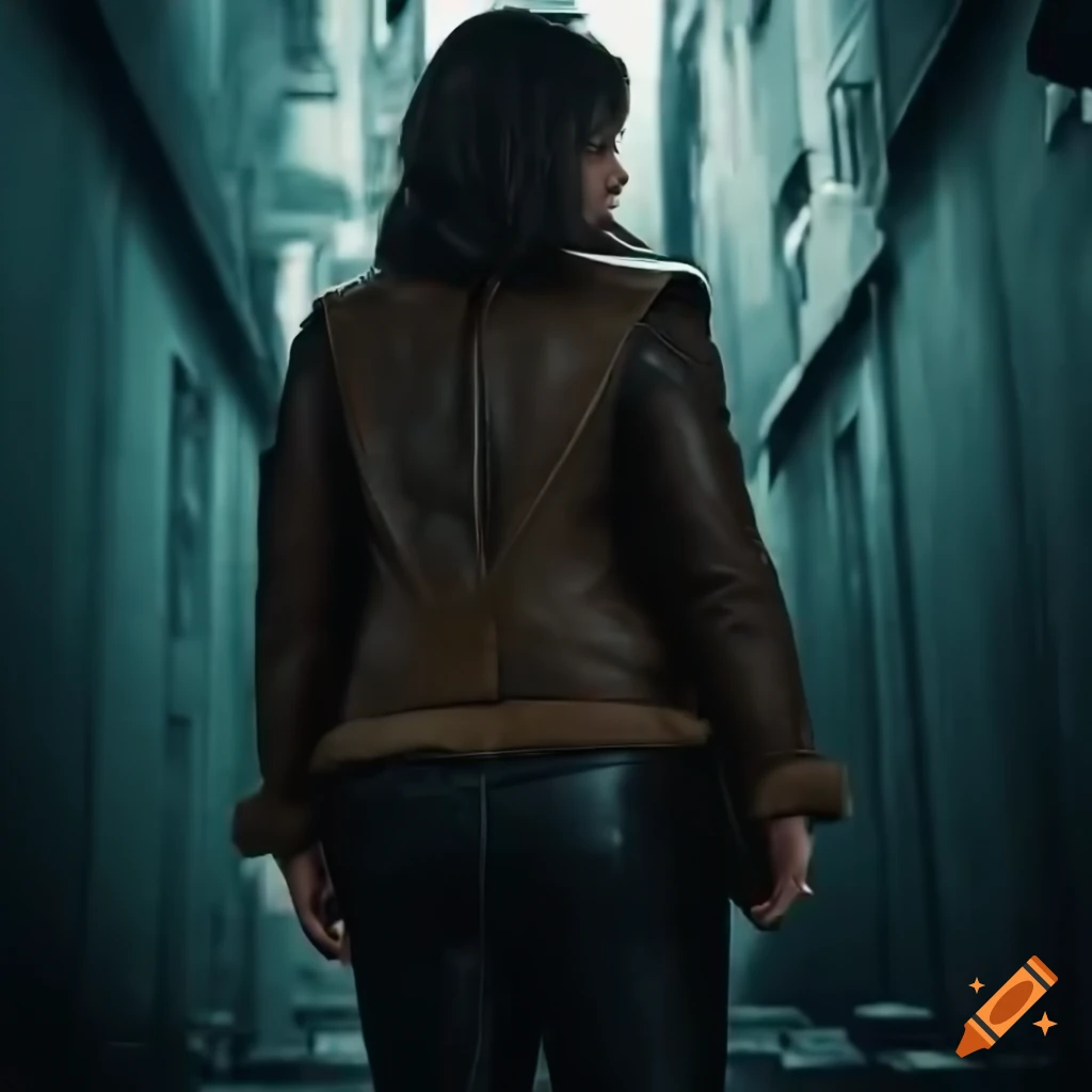 close-up of a person in a leather jacket in a dark alleyway