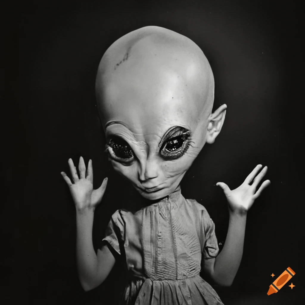 Retro image of an alien playing with kids