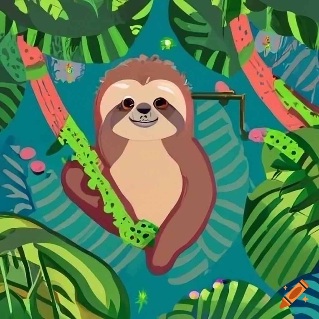 whimsical image of sloths in a colorful jungle