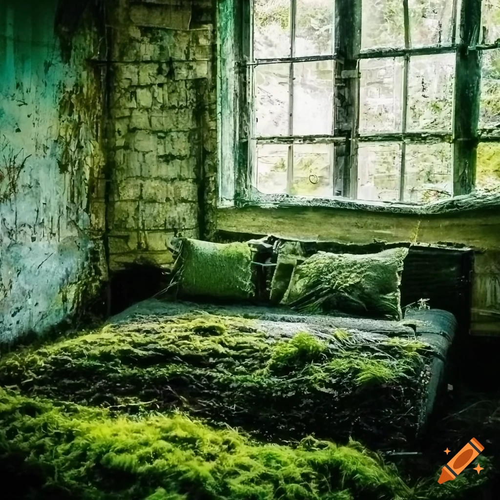 Mossy postapocalyptic bedroom with a lake on Craiyon