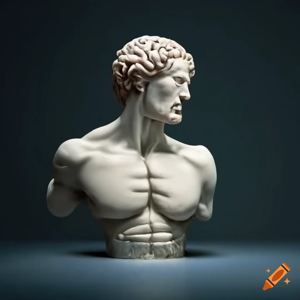 bust of an angry ancient greek statue with exposed brain