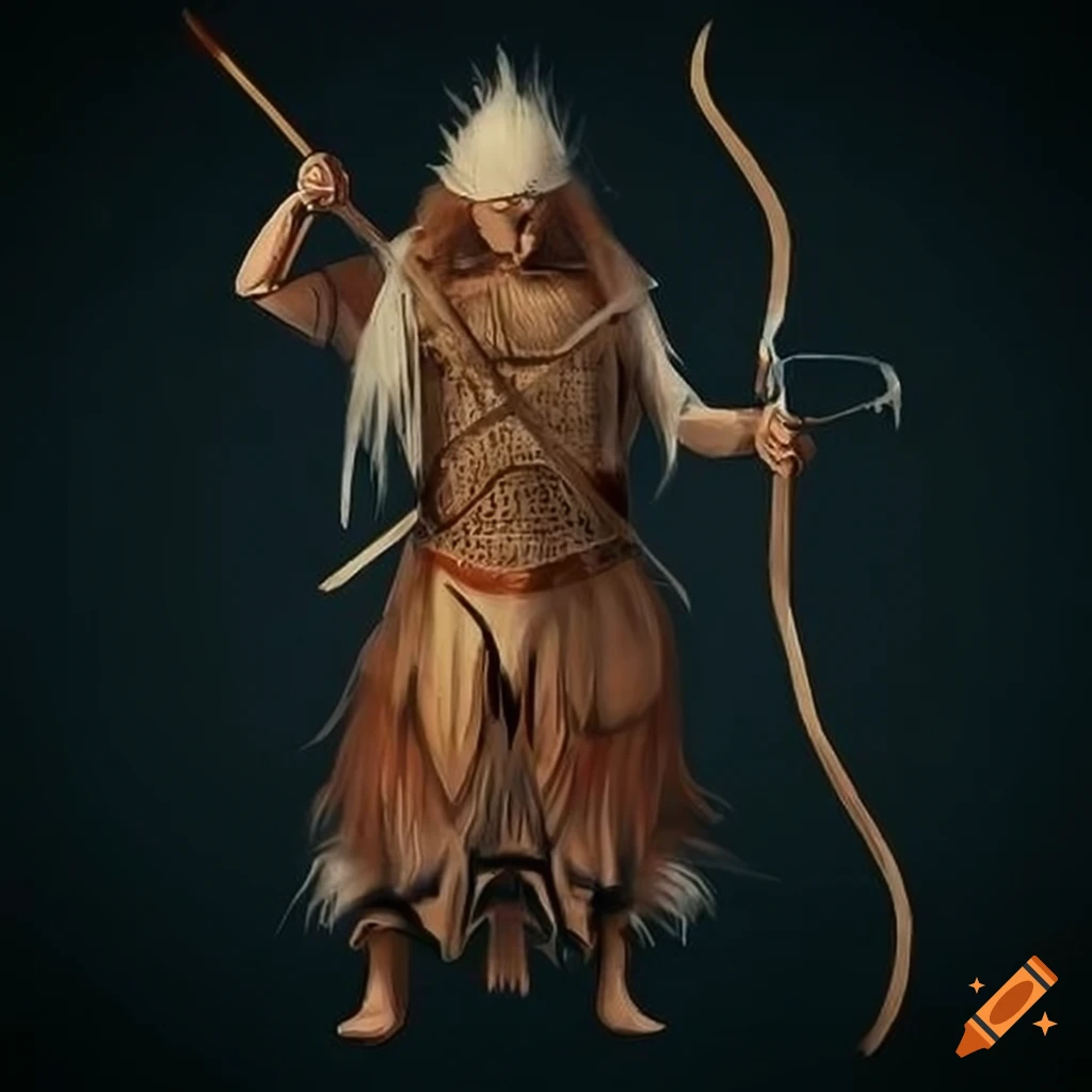 character in Khoisan-inspired armor with bow and arrow