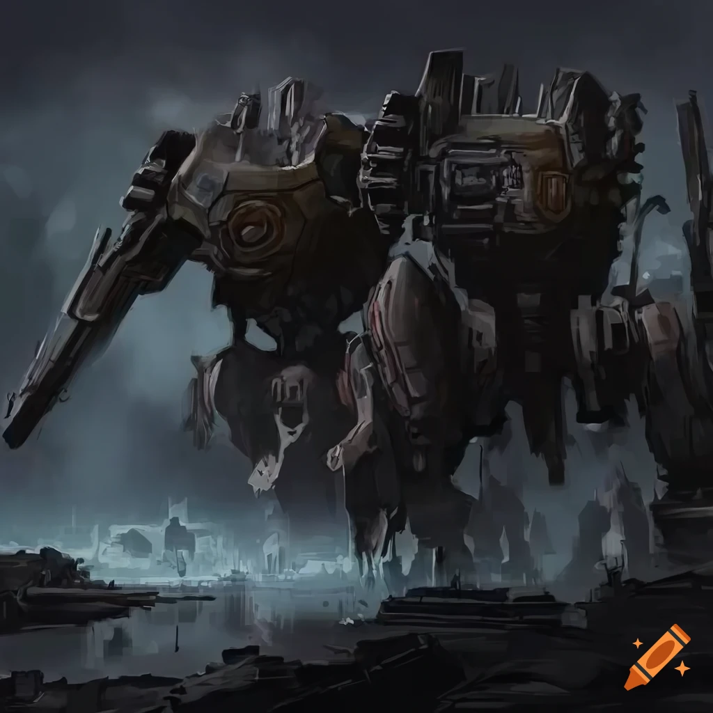 detailed painting of futuristic war scene with mechas