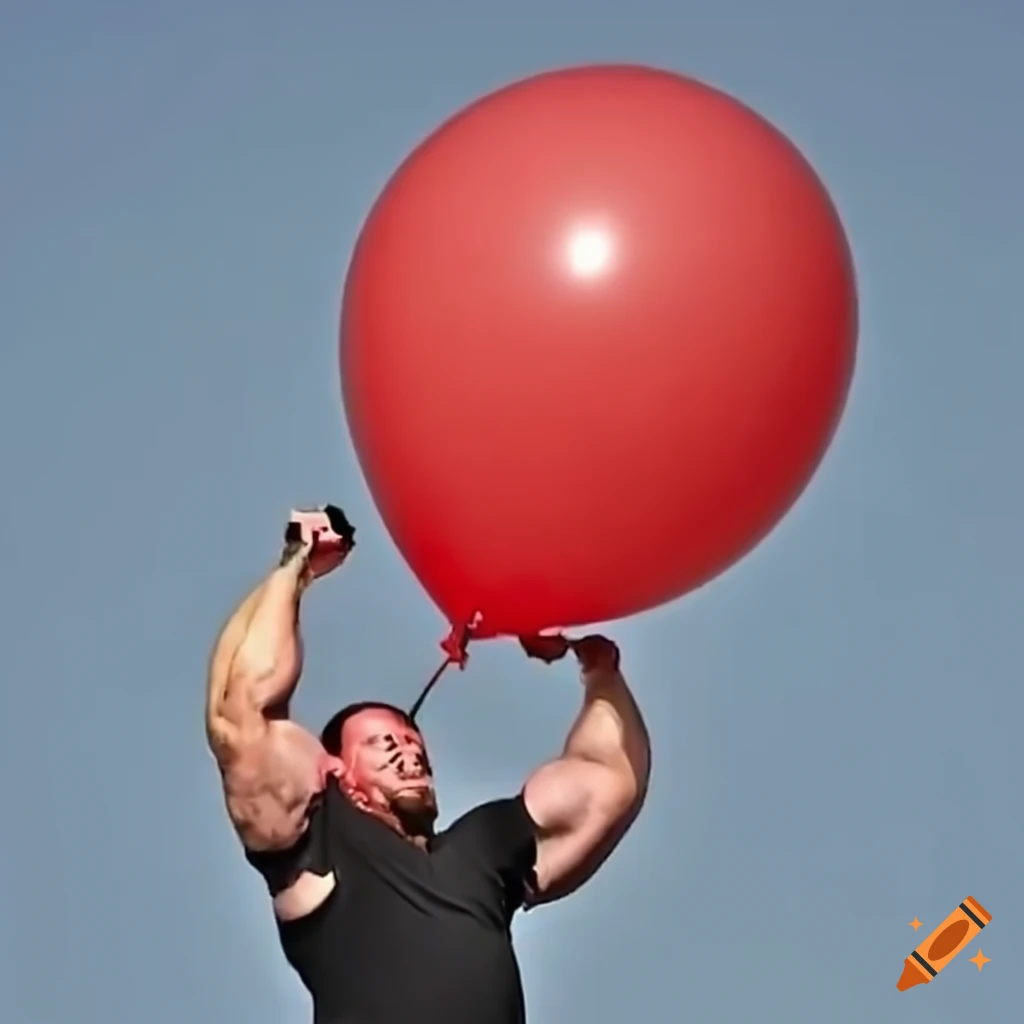 strongman effortlessly lifting a red balloon