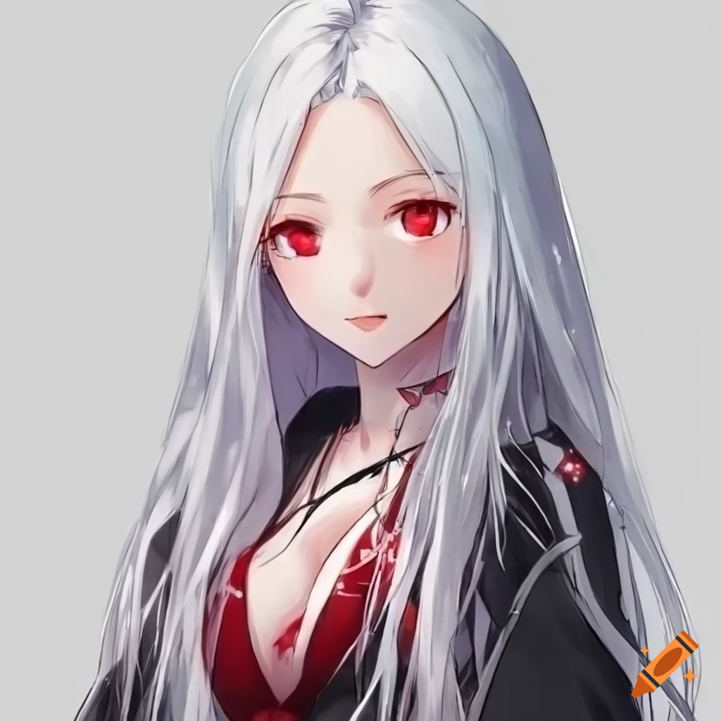 Detailed cute anime girl with long white hair and red eyes on Craiyon