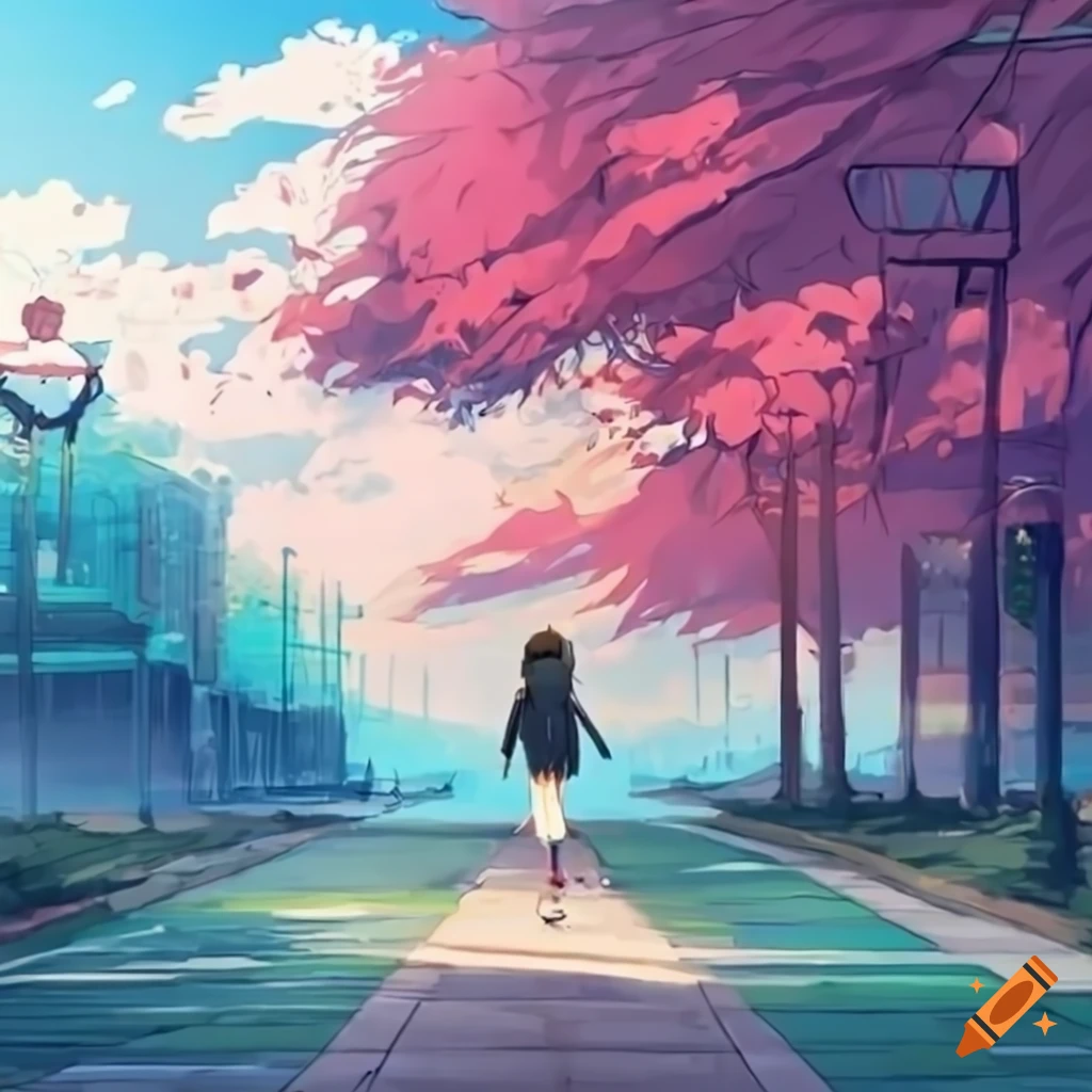 An anime boy walking through the city alone, hyperr...