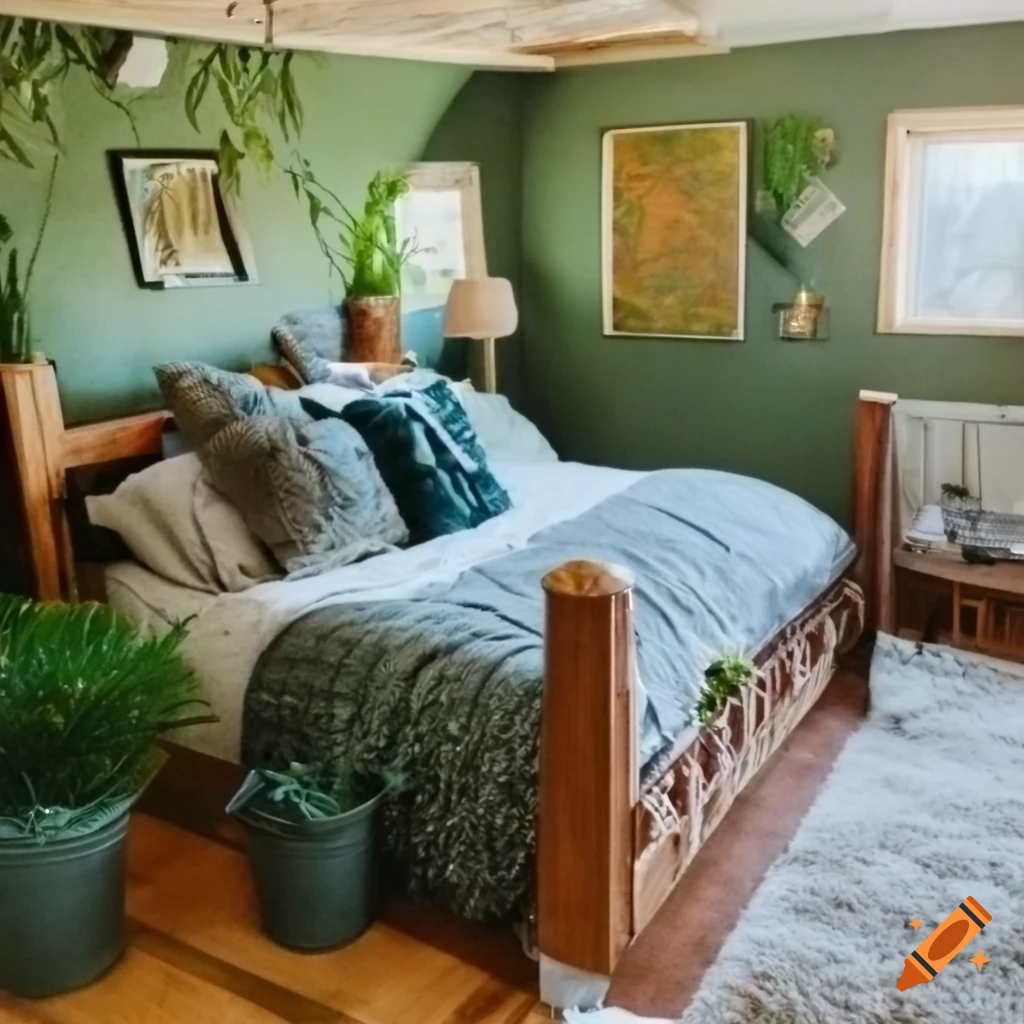 Bedroom with a round earththemed bed on Craiyon