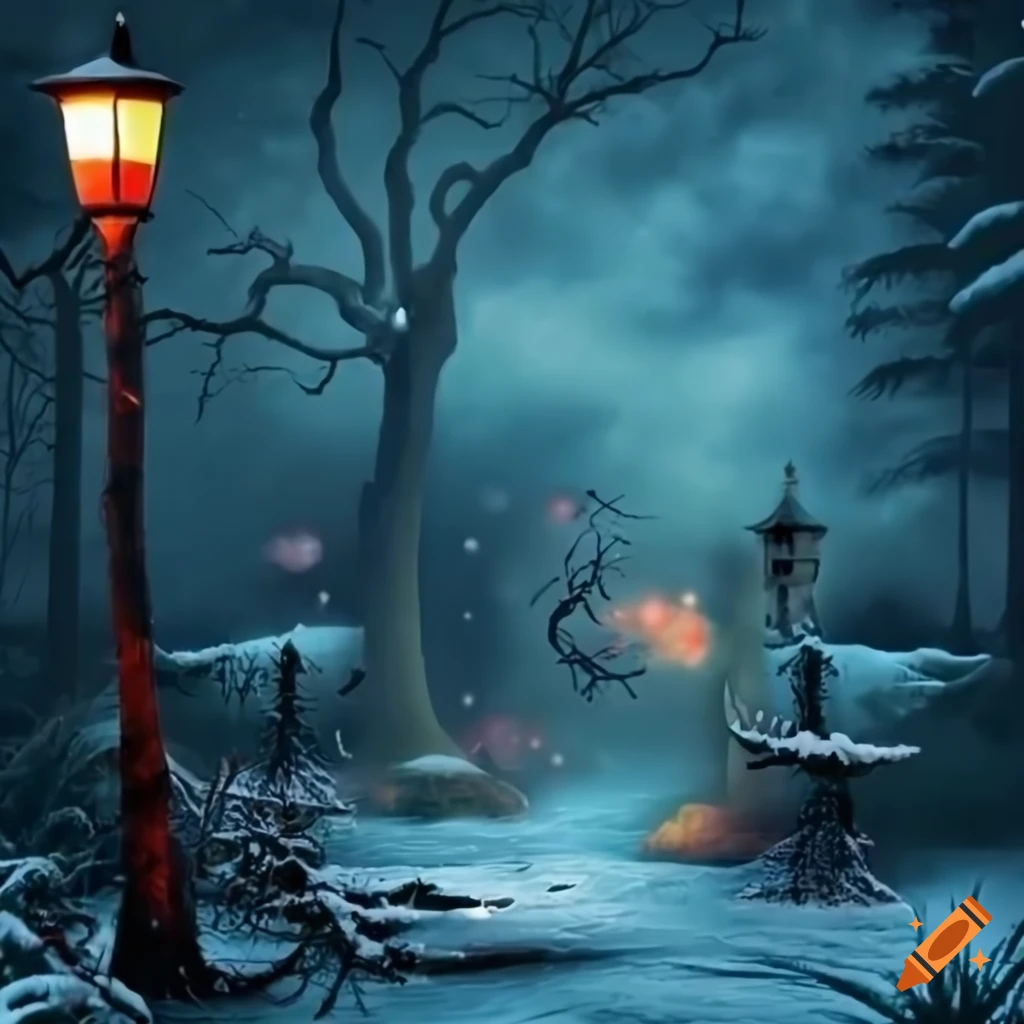 surreal winter scene with sparkling creatures in a park