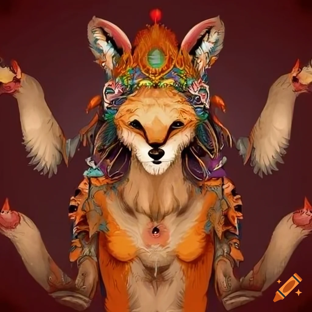 artwork of a fox-headed deity with multiple arms