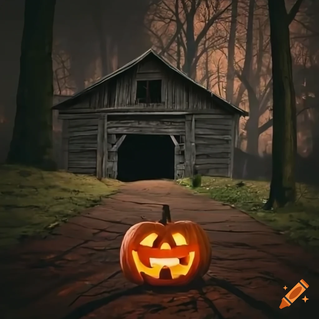 night view of a haunted barn with jack o lanterns