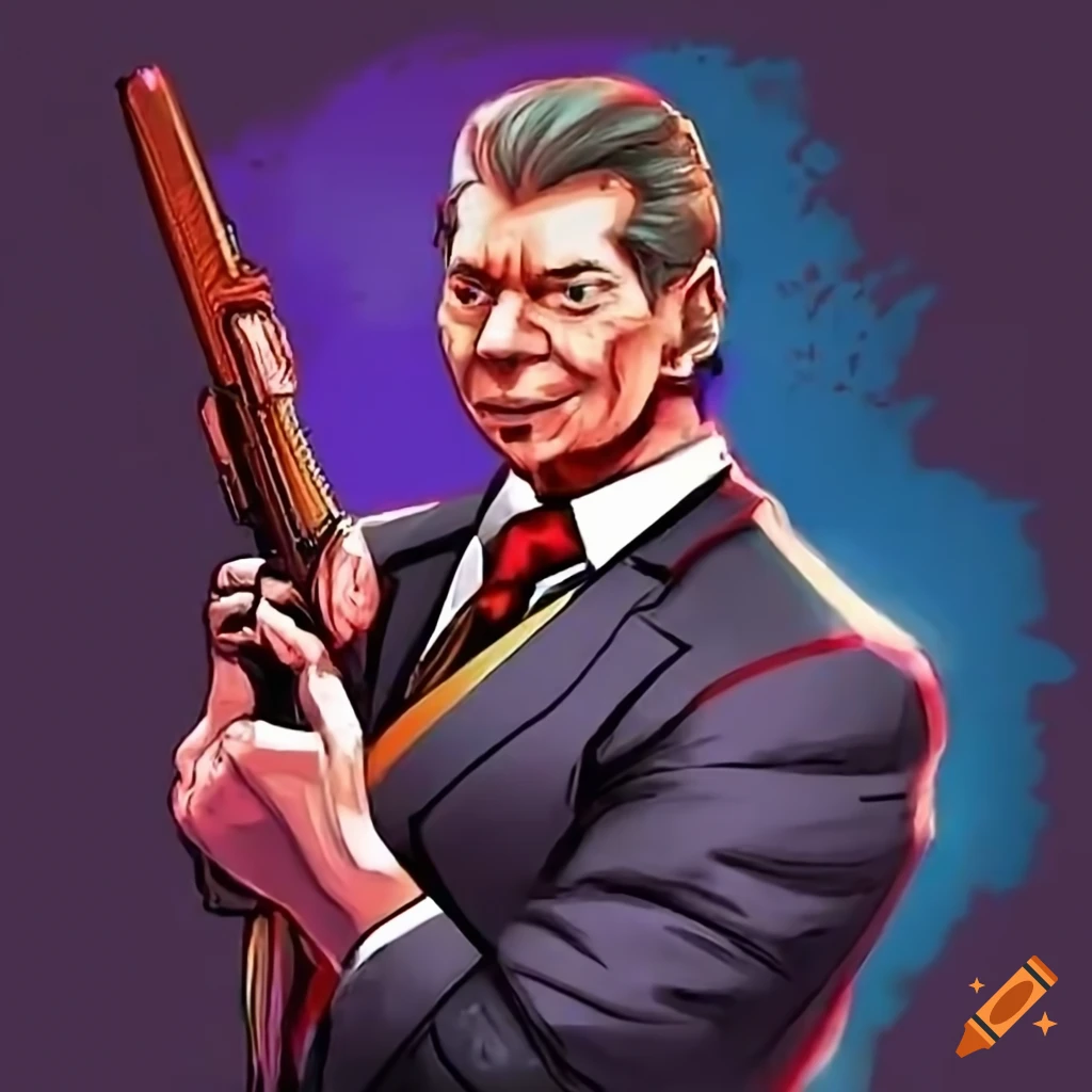 Vince McMahon posing with a shotgun