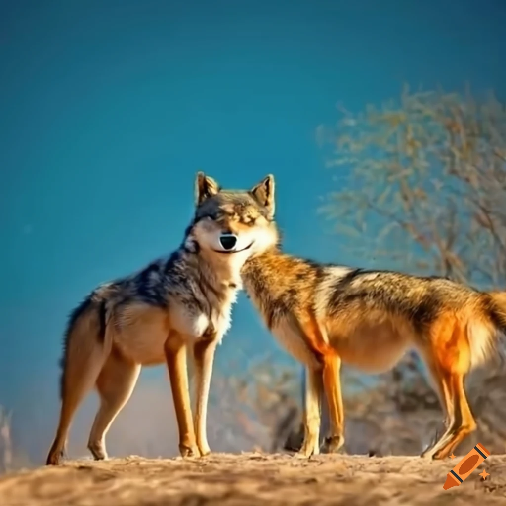 two colorful wolves walking under blue sky