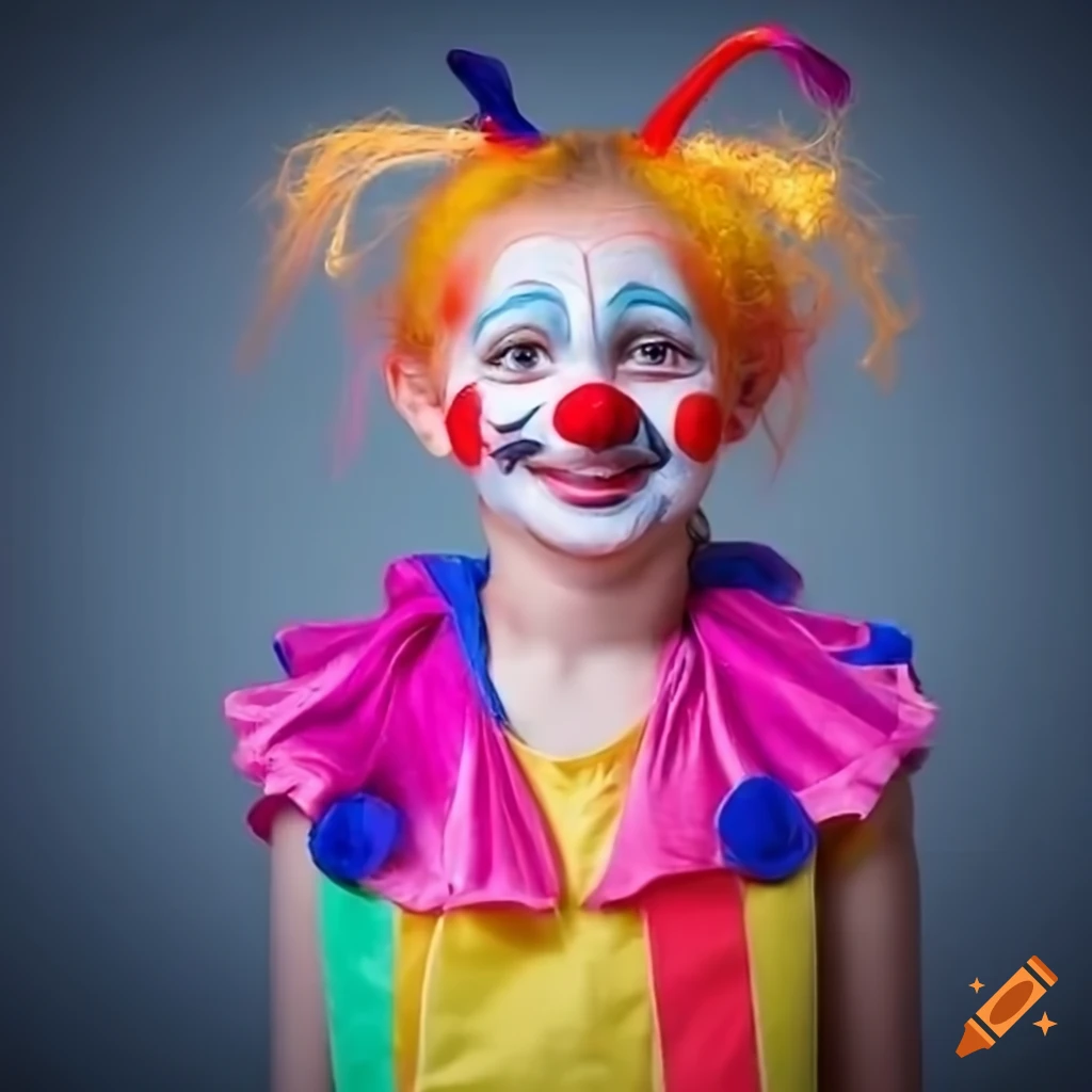 portrait of a cheerful clown girl with pigtails