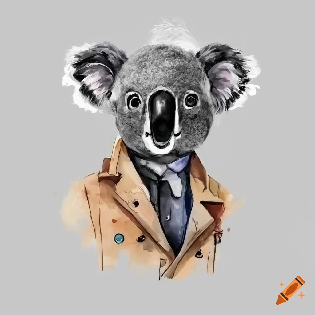 manga style koala detective with trench coat and hat