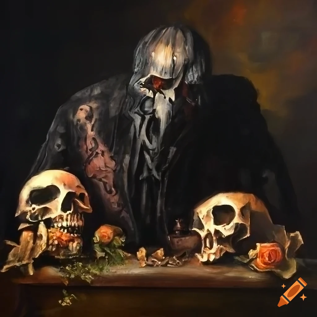 oil painting of a tattered scarecrow in a church graveyard