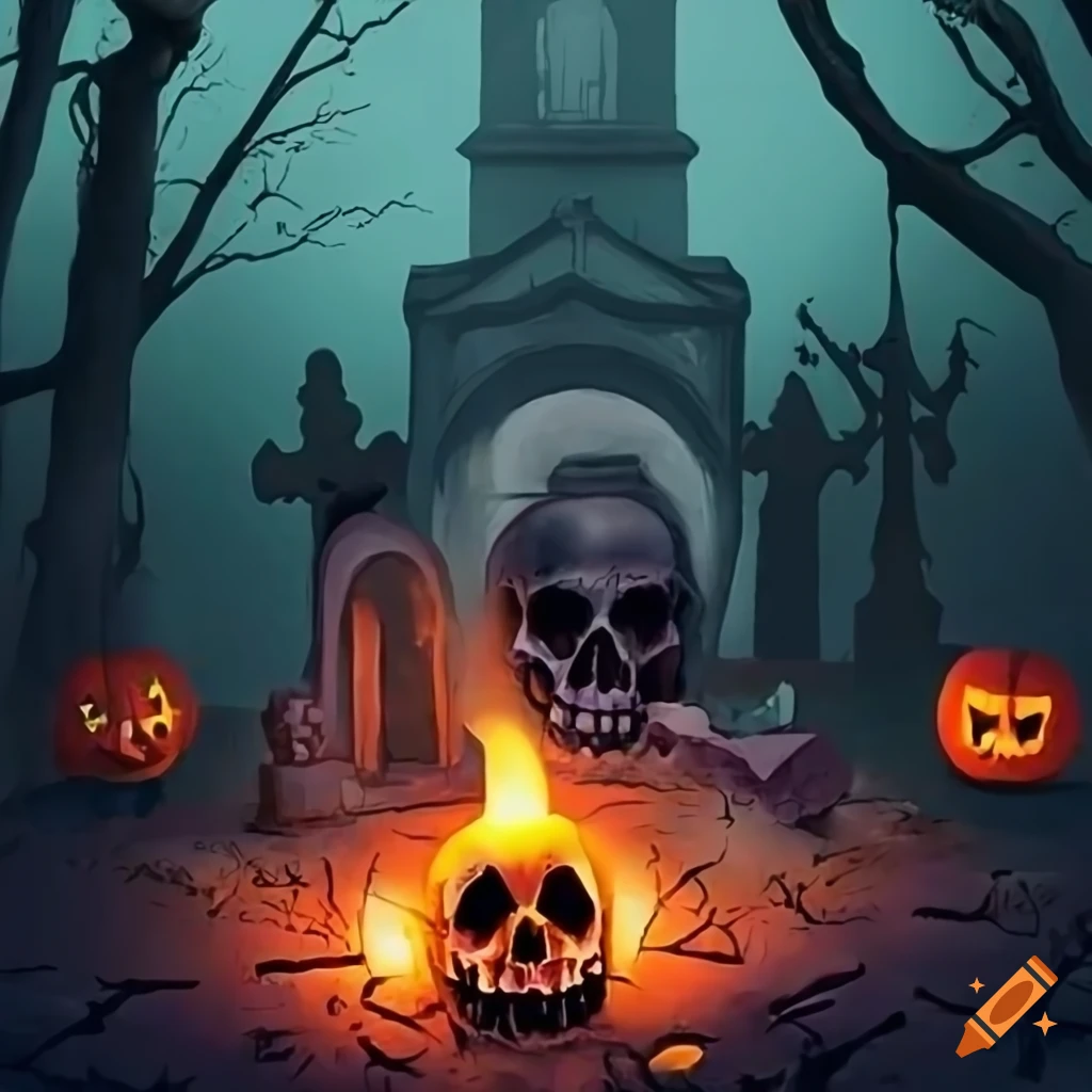 halloween scene with skulls and jack-o-lantern in a forest