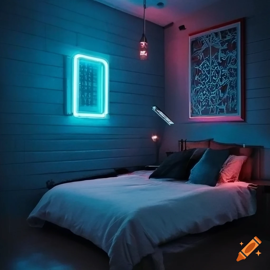 bedroom with neon lights and cables