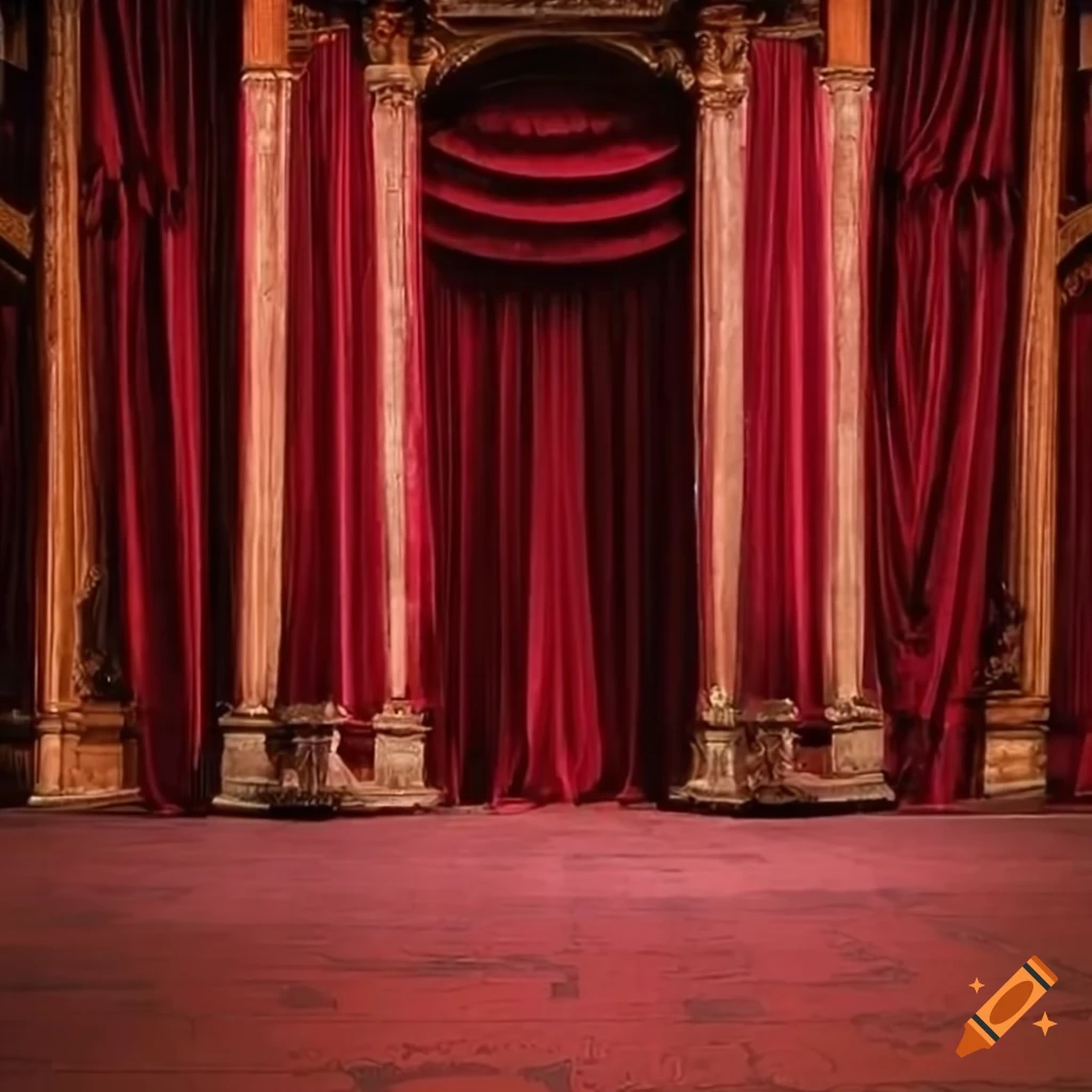 Baroque style hall with large windows and red curtains