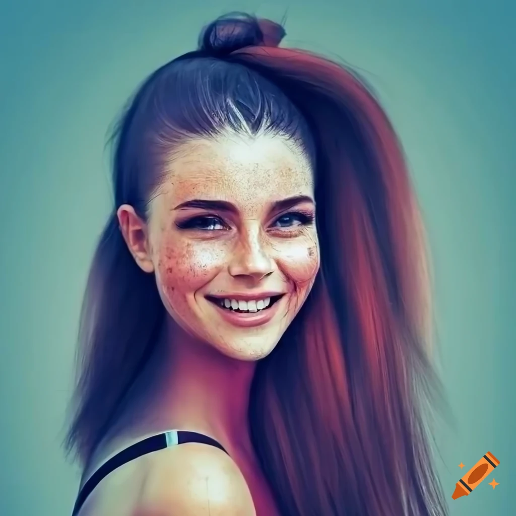 Portrait of a young woman with freckles and dark hair on Craiyon
