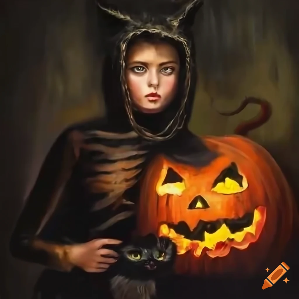 teenage girl in a black cat costume in front of a haunted barn