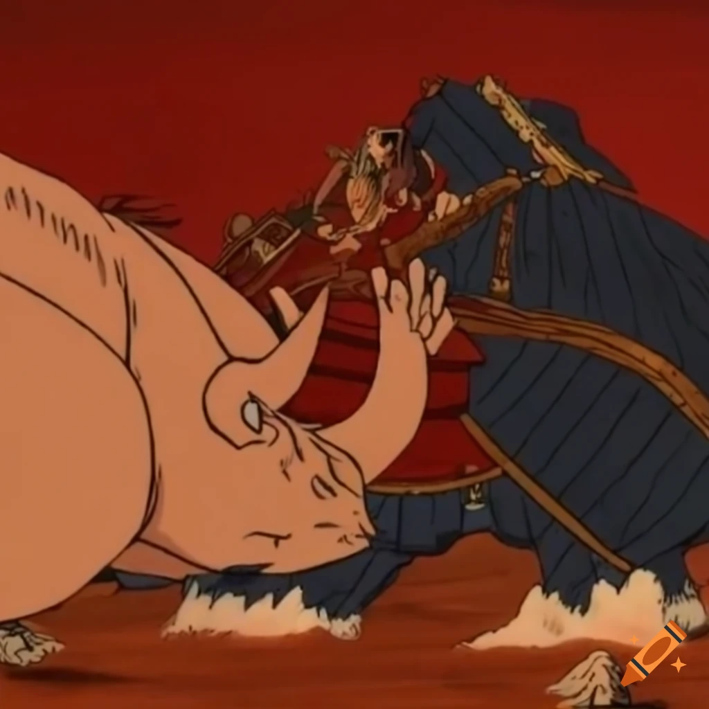 ukiyo-e depicting a rhino attacking
