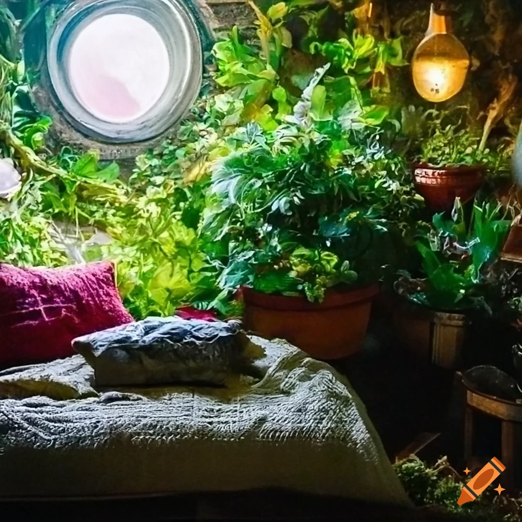 Hobbit themed bedroom with lots of potted plants on Craiyon