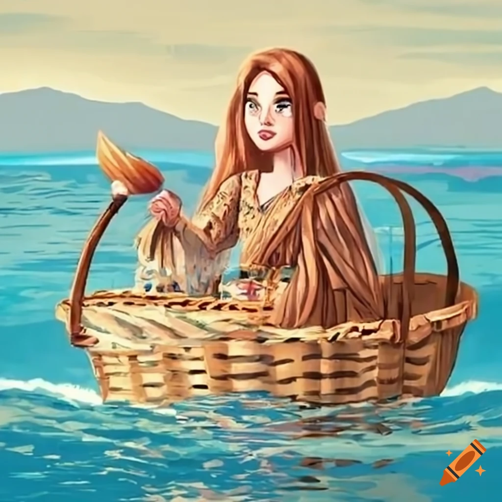 painting of Moses' mother placing him in a basket on a river
