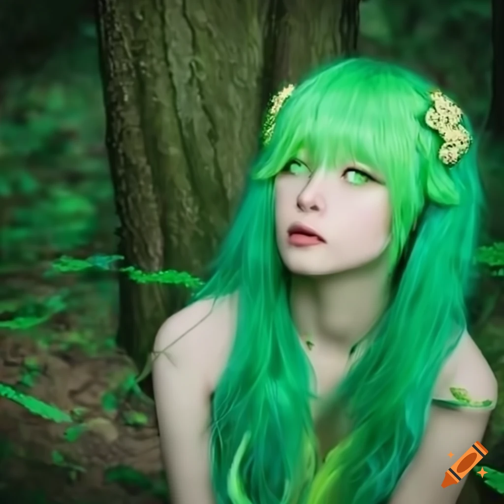 Anime girl with lime green hair in enchanted forest