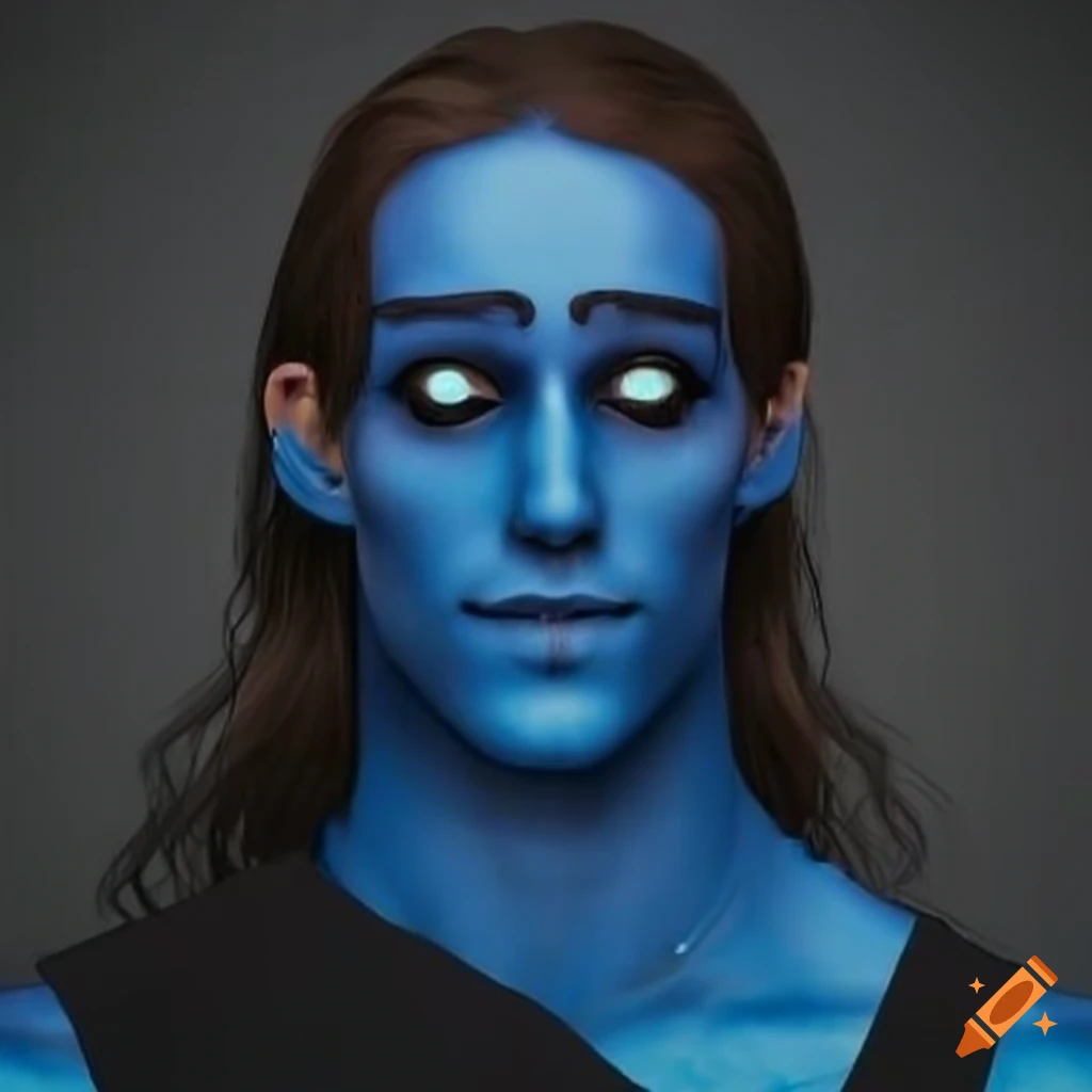 Portrait of a blue man with black eyes and long brown hair on Craiyon