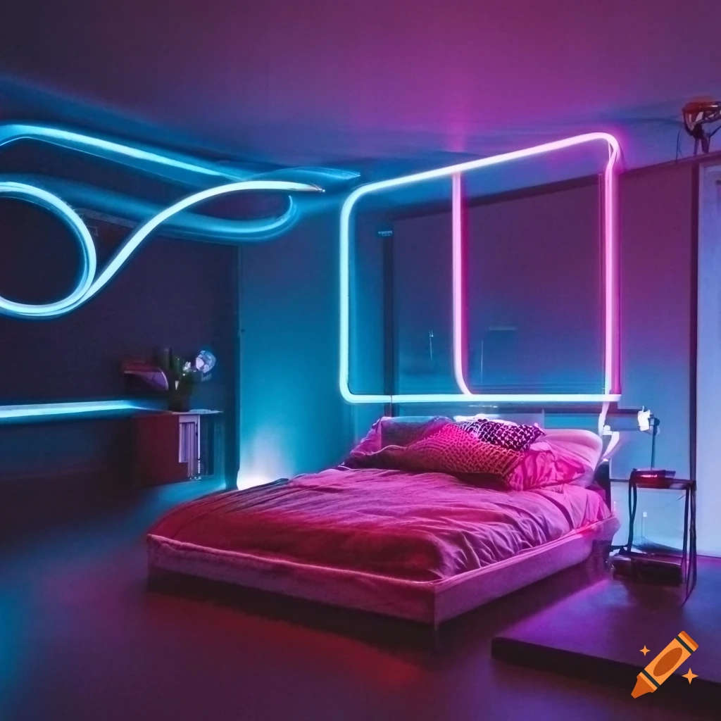 Neon lights in a stylish bedroom on Craiyon