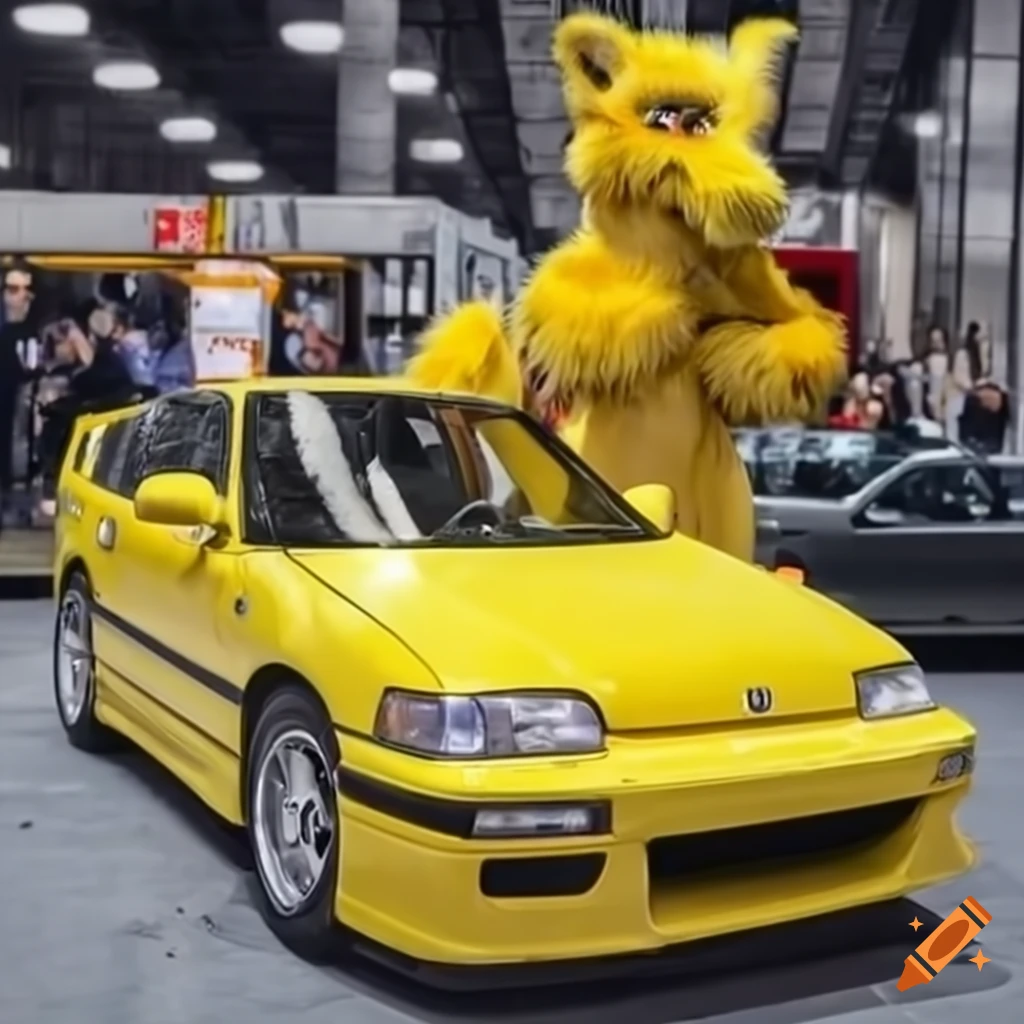 yellow Honda CRX at a lively convention