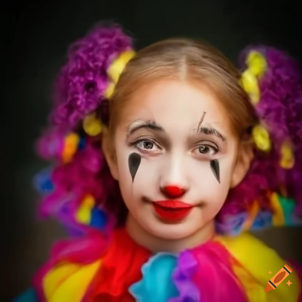 close-up of a cheerful clown girl with pigtails