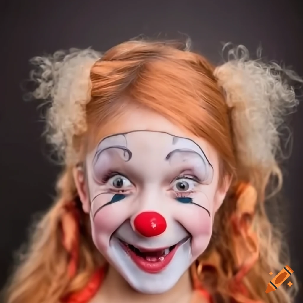 close-up of a cheerful clown girl with pigtails