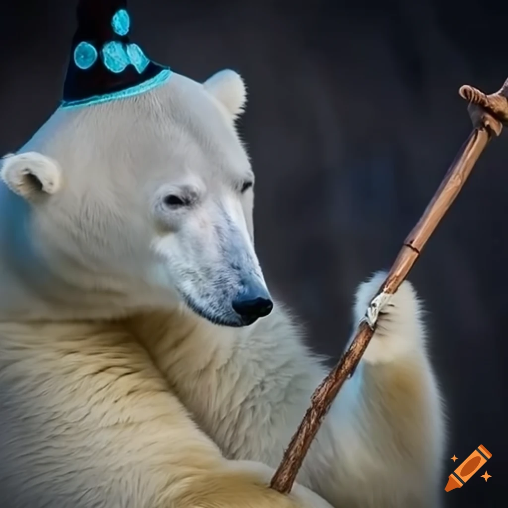 polar bear wearing a wizard hat and holding a wand