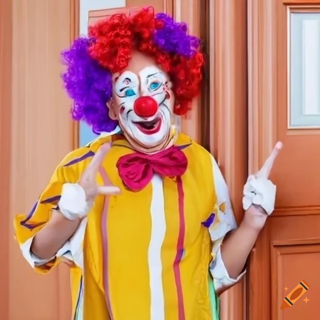 friendly clown pointing at a door