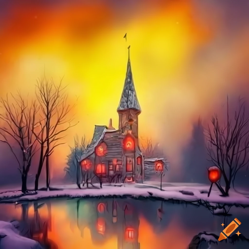 surrealistic snow scene with strange creatures in a park
