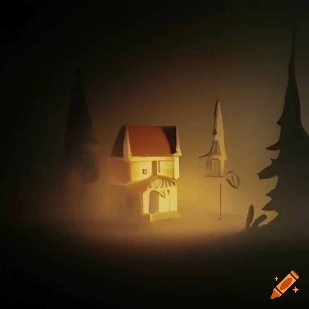 vintage paper model of haunted house surrounded by fog