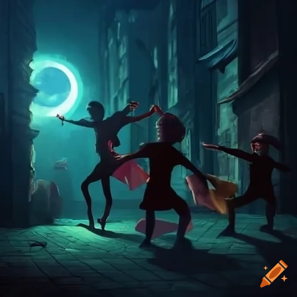 elves performing parkour moves in a dark alleyway