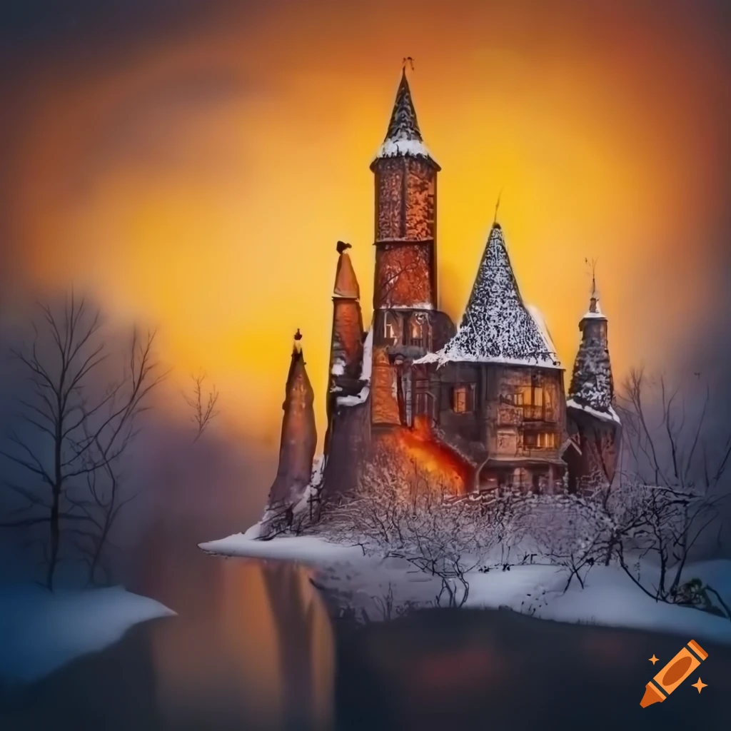 surrealistic snow scene with strange creatures in a park