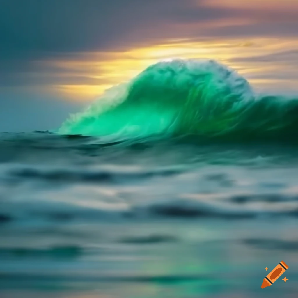 sunset over emerald waves with bouncing lights