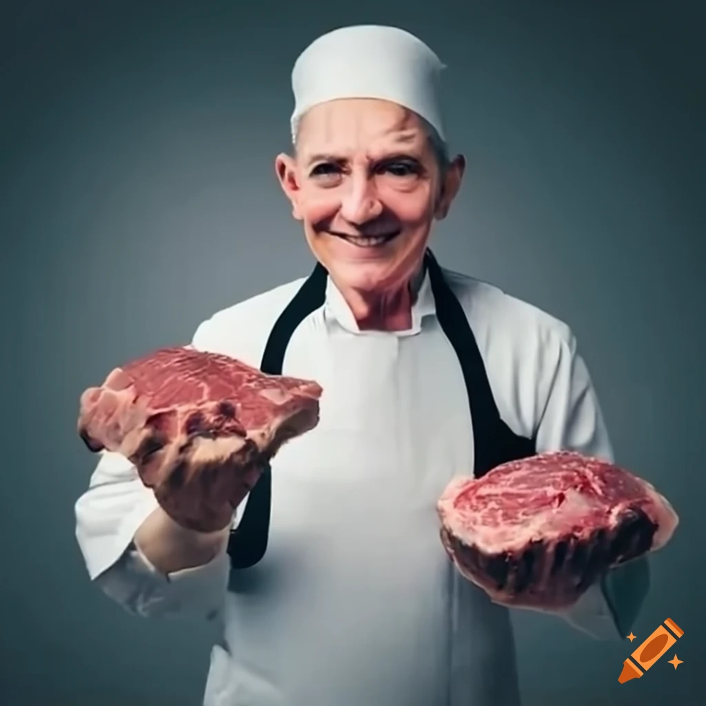 Butcher serving a smiling customer a steak on Craiyon