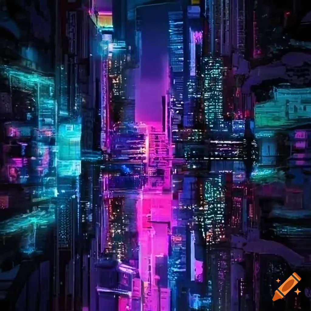 Futuristic nighttime metropolis with neon lights on Craiyon