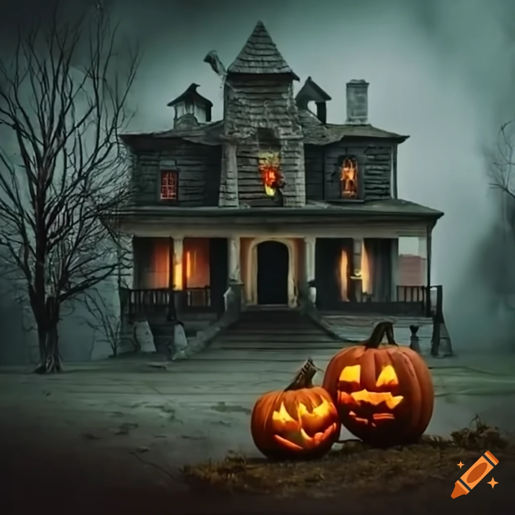 Creepy halloween scene with pumpkins and haunted house on Craiyon