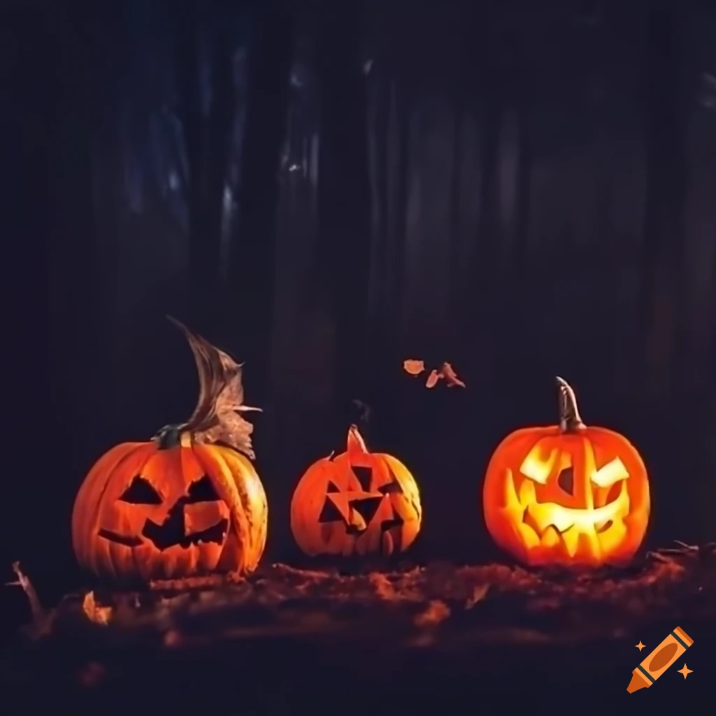 Dark forest with halloween pumpkins under full moon on Craiyon