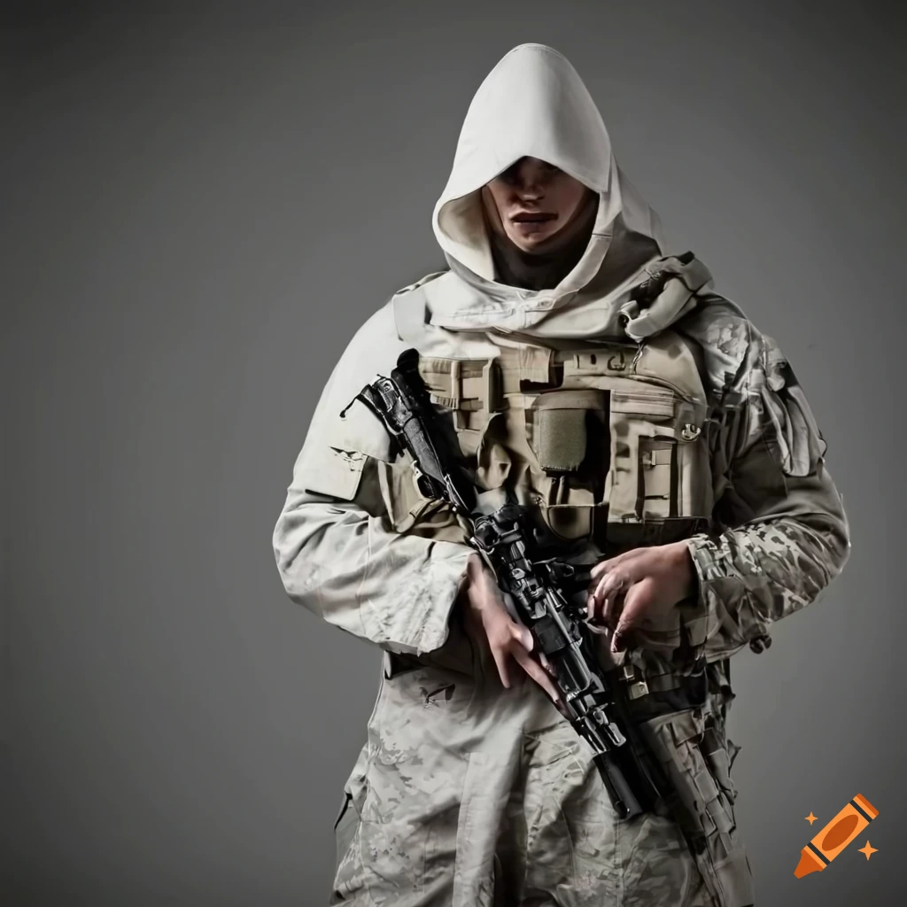 Modern day soldier in white robe under tactical gear on Craiyon