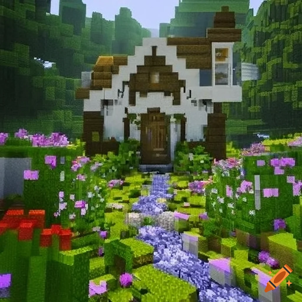 white fairy house surrounded by flowers in Minecraft